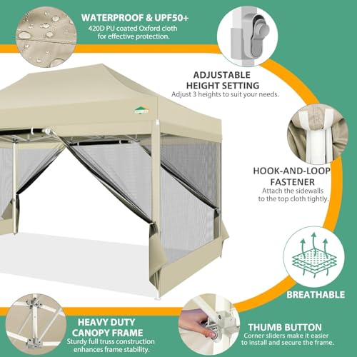 COBIZI 10x15 Heavy Duty Pop up Canopy with 4 Sidewalls, Canopy Tent with Mosquito Netting, Easy up Screen Party Tents for Parties Wedding Patio Backyard Commercial Gazebo with Handbag, Khaki - color: Khaki, size: 10x15ft(standard)