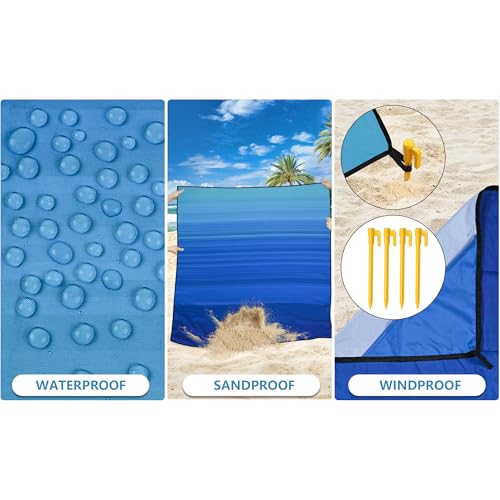 AISPARKY Pocket Beach Blanket Waterproof Sandproof Compact Picnic Mat with Sand Remover, Portable Outdoor Mat for Camping Hiking Travel Festival - color: Striped Blue Green Gradient, size: 79" X 83"