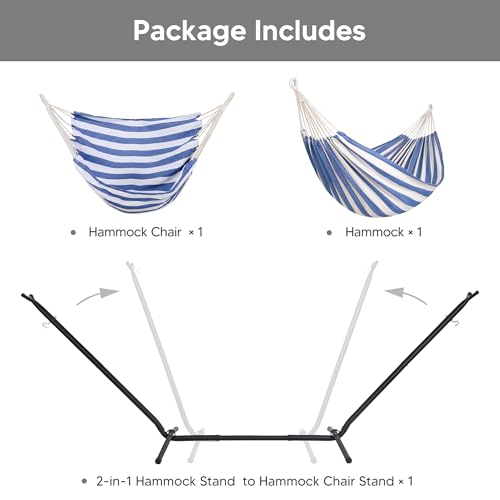 SUNCREAT 2-in-1 Convertible Backyard Fabric Hammock with Stand, Large Hammocks for Outside, Blue White - color: A-blue White
