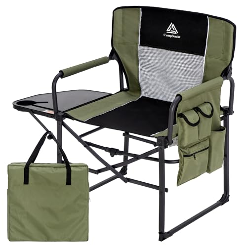 Wide Folding Director Chair with Table, Outdoor Camping Chair for Adults with Cup Holder Load 330 Lbs, Portable Chair for Outside with Carry Bag for Patio, Green - color: Directors Chair-green