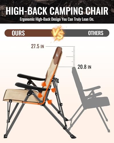 KingCamp Folding Camping Chair Adjustable 3-Position, Reclining Outdoor High Back Camp Chair with Hard Armrests, Heavy Duty Portable Chair, Dual-Layer Padded Seat & Storage for Camping, Lawn, Backyard - color: 1 Pack-khaki/Coffee-3-level Adjustment
