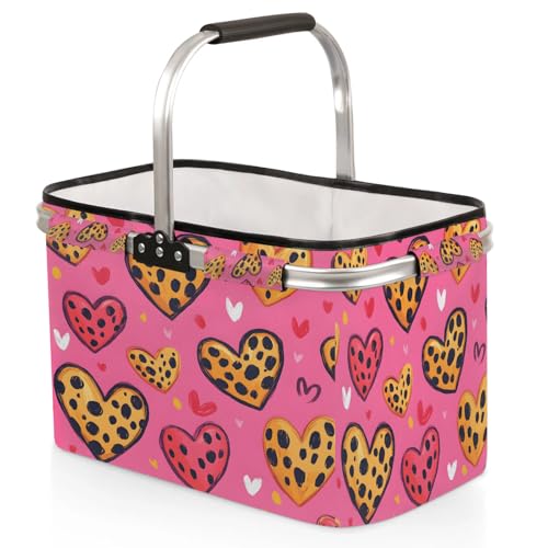 Pink Leopard Print Picnic Basket Large Collapsible Market Baskets Portable Reuasble Shopping Bags with Handles for Camping Beach Travel - color: White