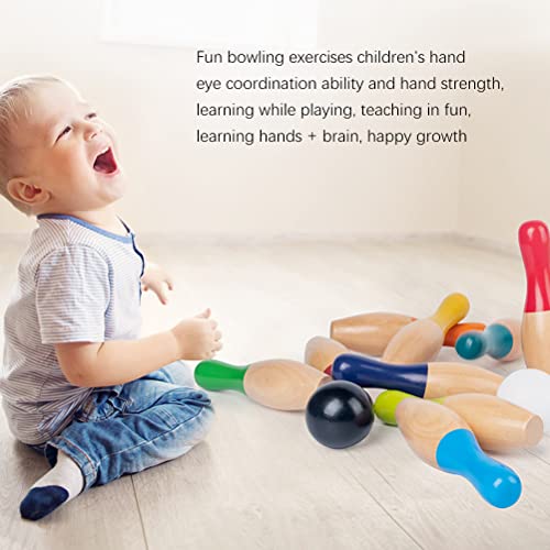 Wooden Bowling Game, Garden Game Set with 10 Pins 3 Balls and Mesh Bag for Kids Adults, Indoor Outdoor Lawn Backyard Activity