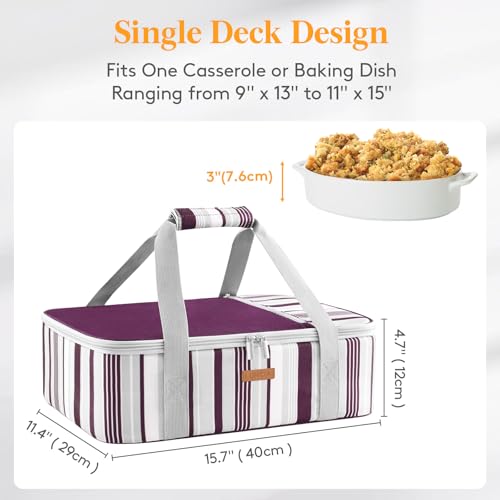 LUNCIA Insulated Single Decker Casserole Carrier, Lasagna Lugger Tote Keeps Food Hot or Cold, Thermal Lunch Bag for Potluck Parties, Picnic and Cookouts, Fits 9" x 13" Baking Dish, Purple - color: Purple, size: 15.7 x 11.4 x 4.7inch