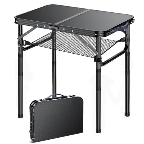 Yriuat Outdoor Side Table, Portable 3 Adjustable Height Small Outdoor Folding Table, Aluminum Foldable Patio Side Tables for Outside Indoor, Plant Stand Coffee End Table for Pool, Porch,Garden(Black) - color: Black