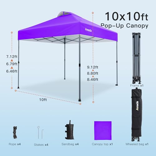 Amada 10x10 Pop Up Canopy Tent, 1-Button Push Easy-up Outdoor Canopy Beach Tent with 3-Height Adjustable Waterproof Shade Shelter, Wheeled STO-N-Go Bag 8 Stakes, 4 SandBags (Purple) - color: Purple, size: 10x10ft