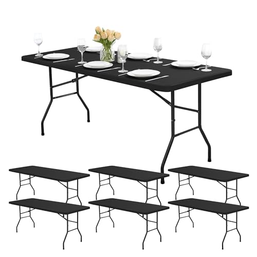 6ft Fitted Tablecloth Rectangle - 6 Pack Outdoor Picnic Table Covers with Elastic, Washable Folding Table Protector for Party Banquet Graduation, 30x72 Inch, Black - color: Black, size: 30x72 Inch, 6 Pack