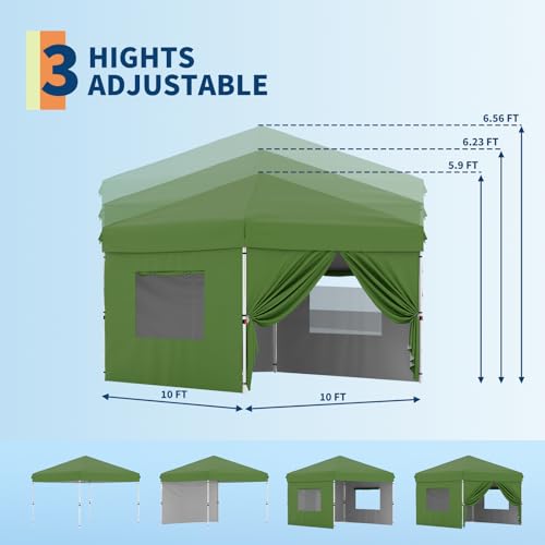 GarveeLife 10x10 Pop Up Canopy with 4 Sidewalls - Easy Up Camping Tent with One Button Push Setup - 1 Roller Bag, 3 Adjustable Height, 4 Weight Bags for Deck, Garden, Sports, Beach, Party - Green - color: Green