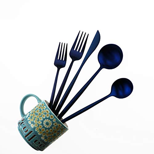 Matte Blue Gugrida 5-Piece 18/10 Stainless Steel Silverware Set, Satin Finish Flatware, Kitchen Utensils, Tableware Travel Cutlery for Camping, Office or School Lunch, Dishwasher Safe - color: Blue, size: Service for 1