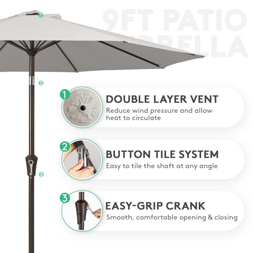 JEAREY 9FT Outdoor Patio Umbrella Outdoor Table Umbrella with Push Button Tilt and Crank, Market Umbrella 8 Sturdy Ribs UV Protection Waterproof for Garden, Deck, Backyard, Pool (Fog Gray) - color: Fog Gray