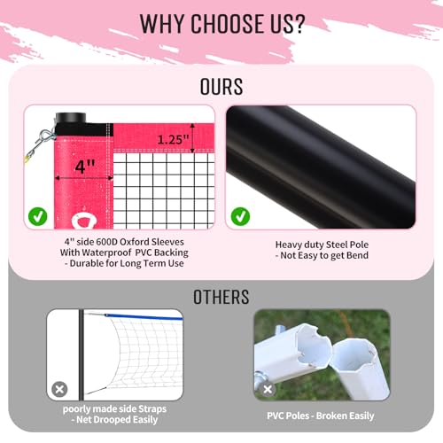 20ft Outdoor Volleyball & Badminton Combo Net Set for Backyard Beach with Adjustable Poles, Durable Anti-Sag Net, PU Volleyball, 2 Aluminum Rackets - color: Pink