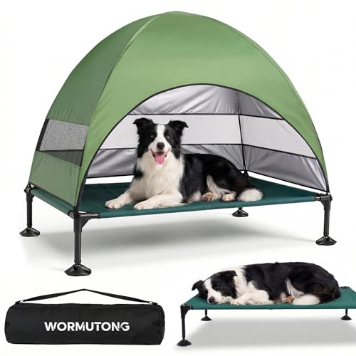Elevated Outdoor Dog Bed with Canopy, Raised Dog Cot with Stable Adjustable Feet, Dog Camping Bed with Larger Shade, Lifted Dog Tent Bed with Canopy for Outside (Green, Large) - color: Green, size: Large