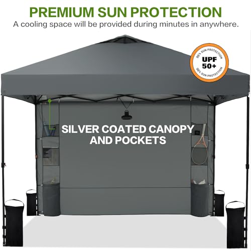 Tunbne 12'x12' Pop Up Canopy Tent with 1 Sidewall and 6 Pockets, One Push Setup, Instant Shade Tent with Vented Roof for Beach Patio Outdoor, Case, 8 Stakes, 4 Ropes, 4 Sandbags (Gray, 12x12) - color: Gray, size: 12x12