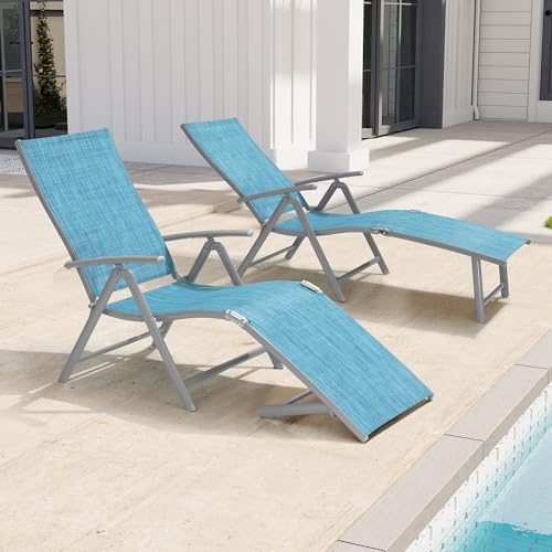 Crestlive Products Chaise Lounge Chair Outdoor Set of 2, Aluminum Folding Patio Recliner Chair, Adjustable 8 Positions Assemble-Free Perfect for Beach, Yard, Pool, Deck - color: Blue, size: 2 Pcs