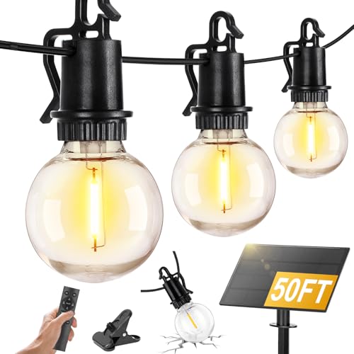 ZJOJO Solar Outdoor String Lights Waterproof, 50FT G40 Globe Patio Lights String Lights Solar Powered with 25 Edison Bulbs 2700K Shatterproof Hanging Lights for Porch Backyard Pergola Bistro - size: 50FT-25(Solar)