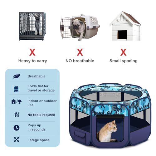 48" Large Pop Up Dog Playpen & Whelping Box for Dogs, Portable Foldable Puppy Playpen with Waterproof Bottom, Pet Tent Exercise Pen for Camping/Indoor, Includes Bowl & Carry Bag