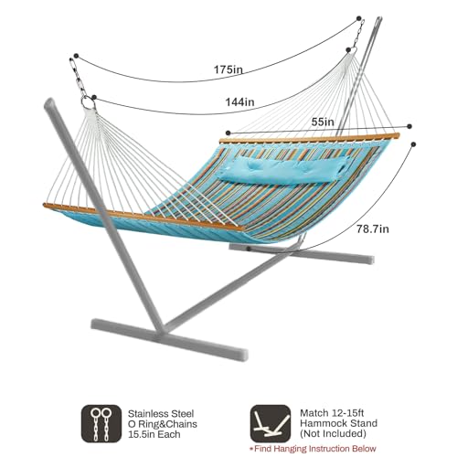 CHULIM 12 FT Double Quilted Fabric Hammock with Spreader Bars and Pillow 450 LBS Weight Capacity 2 Person Hammock for Outdoor Patio Backyard Poolside Blue Stripes - color: Blue Stripes