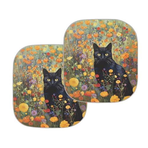 Floral Black Cat Car Sun Shade for Windshield Outdoor Travel Universal 2pcs Pack Car Sunshade Visor Front Window Sunshades Summer Auto Protective Accessiors - color: Floral Black Cat