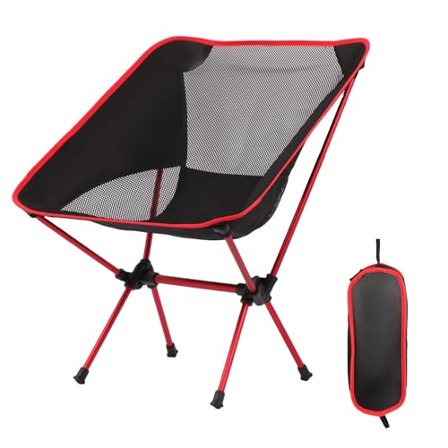 Ultralight Camping Chair, Foldable Portable Camping Chair with Breathable Nylon Mesh, Compact Design & Carry Bag for Hiking, Backpacking, Beach, Concerts (Black&red) - color: Black&red