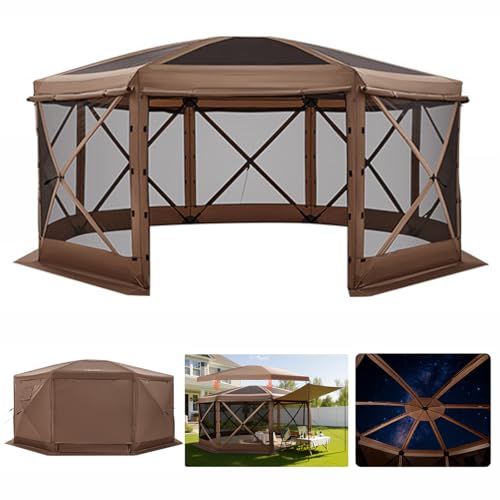 VEVOR Pop up Gazebo Screen Tent, 15 x 15 ft Large 8-Sided Camping Canopy Tent with Removable Top & Carry Bag, Quick-Set & Bite-Proof, Screen House Sun Shelter for 12-15 Persons Backyard Patio, Brown - color: Brown, size: 15x15ft