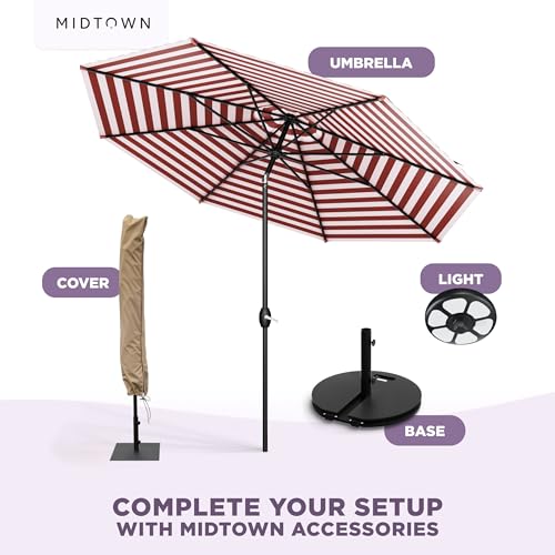 MIDTOWN UMBRELLAS The Lean 8 Feet Outdoor Umbrella With Terylast Red Stripes (Red/White Stripes) Polyester Fabric - 8 Ribs Aluminum Frame Patio Umbrella With Zinc Alloy Crank Lift And Auto-Tilt System - color: Terylast Fabric - Apple Stripes, size: 8 Foot