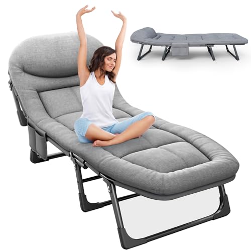 SnozeFlex Chaise Lounge Chair, Folding Cot, 6-Angle Adjustable Camping Cot with Mattress for Patio and Beach, Foldable Bed Portable Heavy Duty Lay Flat Reclining with Pillow (Grey, XL - 80")