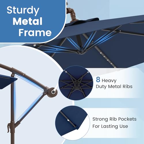 Tangkula 10FT Offset Patio Umbrella with Base Included, Outdoor Cantilever Umbrella with 40 Solar LED Lights, Tilt Adjustment, Crank Handle, Vented Top, Sand Bags for Pool Yard Deck (Navy) - color: Navy