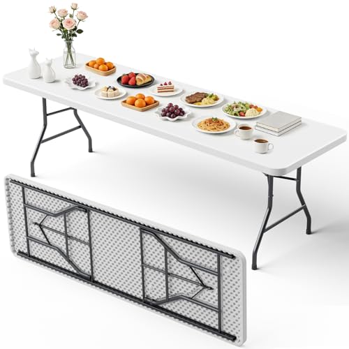 8ft Folding Table, Heavy Duty Plastic Card Table with Foldable Steel Legs, Metal Frame Support up to 800 lb, Portable for Indoor, Outdoor, Picnic, Camping, Dining, Party, White - color: White, size: 8FT