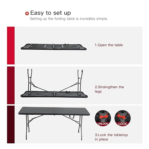 PayLessHere | 6FT Folding Table | Black | Portable Plastic Table with Carry Handle | Waterproof & Foldable Table Design | Steel Frame with Lock | for Events, Camping, Indoor & Outdoor Use - color: Black, size: 6 FT