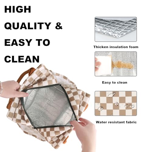 Joymee Lunch Bag Women Insulated Lunch Box Reusable Leakproof Large Spacious Cooler Tote for Women Men Adult with Bottle Holder and Side Pockets for Work Office Travel Picnic - Checker Brown - color: 04 Checker Brown