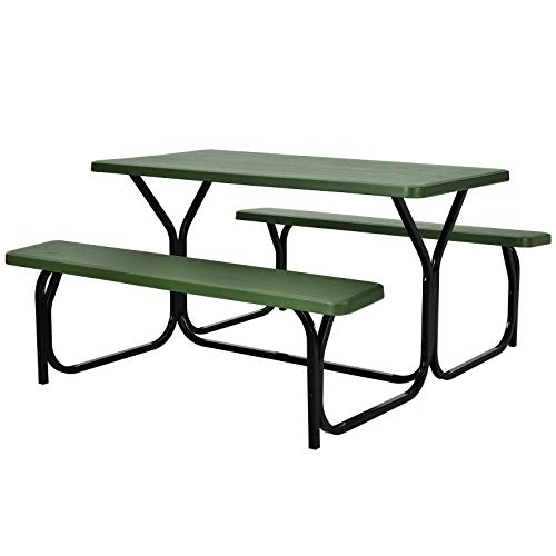 Giantex Picnic Table Bench Set Outdoor Camping All Weather Metal Base Yard Pool Dining Party Garden Patio Lawn Deck Large Camping Table (Green) - color: Green, size: 4.5FT
