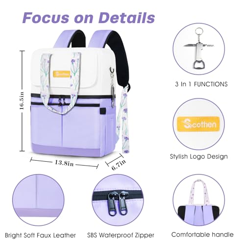 Scothen Backpack Cooler with Double Decker & 12 Ice Packs- Keeps 36 Cans Cold for Up to 24 Hours- Waterproof & Leak Proof Insulated Cooler Backpack- Stylish Cooler Bookbag for Women Travel Work Beach - color: Light purple