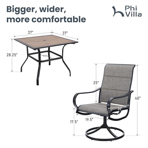 PHI VILLA 5 PCS Patio Dining Set with 4 Padded Outdoor Swivel Dining Chairs and 37"x 37" Premium PVC Table Top Dining Table(1.57" Umbrella Hole), Outdoor Dining Table & Chair Set for Deck Lawn Garden - color: Brown Padded Fabric, size: 37"L x 37"W x 28"H-