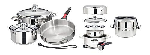 Magma 7 Piece Gourmet Nesting Stainless Steel Cookware Set, Induction Compatible, Oven Safe to 500°F - Suitable for All Stovetops, Removable Handles, Black - color: Stainless Steel, style: 7 Piece