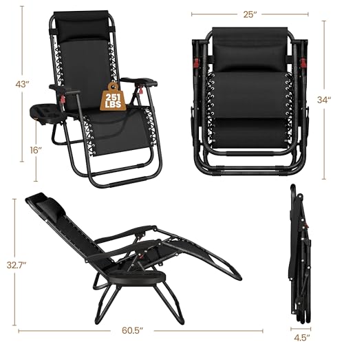 Yaheetech 26" Zero Gravity Recliners Outdoor Adjustable Folding Reclining Lounge Chairs w/Pillows, Cup Holder Trays and Carry Strap for Patio Backyard Beach New Black Set of 2 - color: Newblack