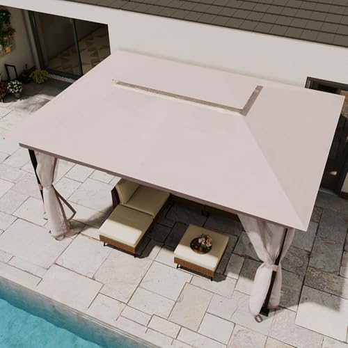 LAUSAINT HOME 10' X 13' Waterproof Patio Gazebo with Mosquito Netting, Double Roof Outdoor Gazebo Pavilion Shelter for Backyard, Garden, Lawn, Wedding (Khaki) - color: Khaki, size: 10'x13' w/o curtains