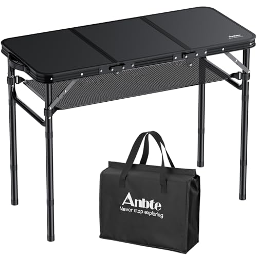 Anbte Folding Camping Table with Storage Net, 3ft Camping Table Aluminum Folding Table with 3 Adjustable Height Max 27.5 Inch Picnic Table Portable Table for Outdoor Backyard BBQ, Pure Black - color: Pure Black