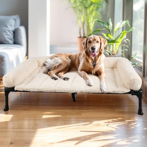 Veehoo Orthopedic Elevated Dog Bed with Fluffy Plush Bolster Cushion, Indoor Raised Dog Beds for Large Dogs, Soft Pet Sofa Cot with Removable Washable Mat, No-Slip Feet, 49 x 33 inches, Cream White - color: Cream White, size: 49.0"L x 33.0"W x 9.0"Th