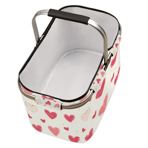 Pink Love Heart Picnic Basket Large Collapsible Market Baskets Portable Reuasble Shopping Bags with Handles for Camping Beach Travel - color: Gold