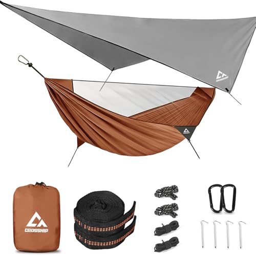 Camping Hammock Mosquito Net with Rain Fly - Rain Fly Tarp & Hammock Bug Net, Portable Parachute Nylon Hammock for Outdoor, Hiking, Backpacking, Backyard, Beach, Travel (Hold Up to 500lbs) - color: Orange