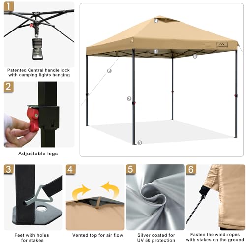 KAMPKEEPER One Person Setup 10x10 Pop up Canopy Tent, Instant Portable Canopy, One Push Outdoor Canopy with 3 Adjustable Heights, Wheeled Carry Bag, Bonus 8 Stakes(Khaki, 10x10FT with one Push) - color: Khaki, size: 10x10FT with one push