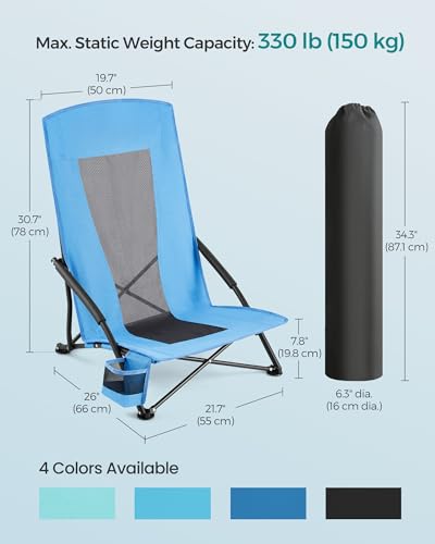 SONGMICS Portable Beach Chair for Adults, Max. Load 330 lb, High Backrest, Cup Holder, Lightweight, Heavy-Duty, Light Blue UGCB61BU - color: Light Blue, style: 1 Pack