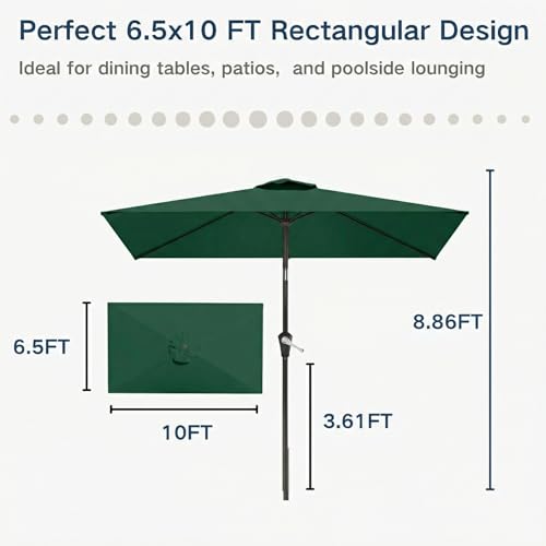 6.5' x 10' Rectangular Patio Umbrella Large Outdoor Market Umbrella w/UV Protection, Push Button Tilt and Crank Lift, Rectangle Table Umbrella for Garden, Deck, Pool, Patio, Forest Green - color: Forest Green