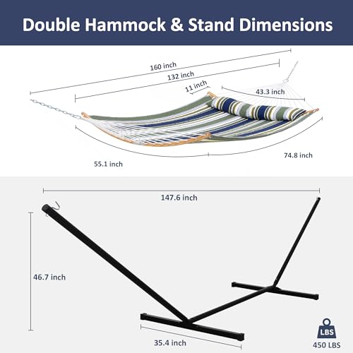SUNCREAT Hammocks for Outside with Stand Included, Double Hammock with Curved Spreader Bar, Carrying Bag, Dark Green Stripes - color: Dark Green Stripes