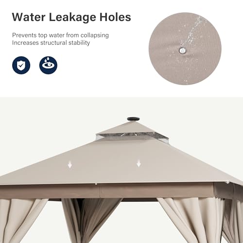 LAUSAINT HOME 10'x10' Outdoor Gazebo with Solar LED Lights, Metal Heavy Duty Patio Canopy Tent Shelter with Double Roofs, Mosquito Nettings and Privacy Screens for Backyard, Garden, Lawn, Khaki - color: Khaki, size: 10'x10' with LED Lights