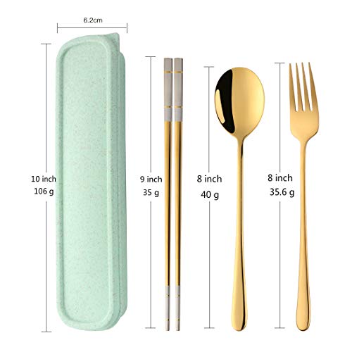 3 PCS Stainless Steel Travel Camping Flatware Set Fork Spoon Chopsticks with Portable Case, Gold - color: Gold