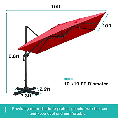 Sunnyglade 10x10Ft Cantilever Patio Umbrella Square Deluxe Offset Umbrella 360°Rotation & Integrated Tilting System Heavy Duty Patio Hanging Umbrella for Market Garden Deck Pool Backyard Patio (Red) - color: Red, size: 10 x 10 ft