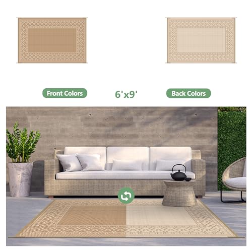 GENIMO Outdoor Rug Waterproof 6'x9' for Patio, Foldable Reversible Plastic Straw Carpet for Travel Trailers, Outside Area Mat for Rv, Deck, Picnic, Porch, Camper, Balcony, Beach, Brown & Beige - color: Brown & Beige | Natural, size: 6' x 9' (Rectangular)