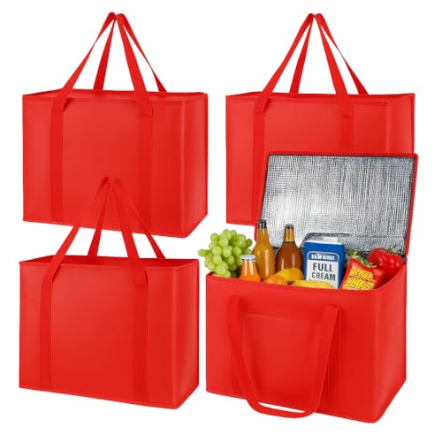 musbus 4 Pack xl Insulated Grocery shopping bag, Red, Cooler bag, zipper, Foldable, Tote, Cold and Hot,for Men/Women, Delivery, for Picnic - color: Red, size: X-Large（16W x 12.5H x 9D）