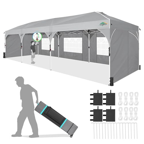 COBIZI 10x30 Party Tent: 10x30 Pop Up Canopy with Wheeled Bag - Tents for Parties with Patented Center-Lock Tech, 420D Waterproof Fabric, Easy Setup Canopy Tent with Removable Sidewalls, (Gray) - color: Gray, size: 10x30ft With 5 Sidewalls